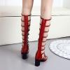 imageSHEMEE Womens Elastic Cutout Gladiator Roman Sandals Chunky Heel Knee High Summer Boots Patent Leather Back Zip Up ShoesBurgundy