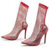 imageSHEMEE Womens Mesh High Heel Stiletto Fishnet Ankle Boots Summer Sandals Pointed Toe Cutout Bling Rhinestones Sock BootiesRed