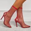 imageSHEMEE Womens Mesh High Heel Stiletto Fishnet Ankle Boots Summer Sandals Pointed Toe Cutout Bling Rhinestones Sock BootiesRed