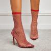 imageSHEMEE Womens Mesh High Heel Stiletto Fishnet Ankle Boots Summer Sandals Pointed Toe Cutout Bling Rhinestones Sock BootiesRed