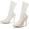 imageSHEMEE Womens Mesh High Heel Stiletto Fishnet Ankle Boots Summer Sandals Pointed Toe Cutout Bling Rhinestones Sock BootiesWhite