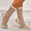 imageSHEMEE Womens Mesh High Heel Stiletto Fishnet Ankle Boots Summer Sandals Pointed Toe Cutout Bling Rhinestones Sock BootiesWhite