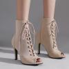 imageSHEMEE Womens Peep Open Toe Stiletto High Heels Ankle Boots Faux Suede Lace Up Summer Sandals Booties with Back Zip10cm Apricot
