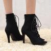 imageSHEMEE Womens Peep Open Toe Stiletto High Heels Ankle Boots Faux Suede Lace Up Summer Sandals Booties with Back Zip10cm Black