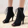 imageSHEMEE Womens Peep Open Toe Stiletto High Heels Ankle Boots Faux Suede Lace Up Summer Sandals Booties with Back Zip10cm Black