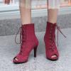 imageSHEMEE Womens Peep Open Toe Stiletto High Heels Ankle Boots Faux Suede Lace Up Summer Sandals Booties with Back Zip10cm Burgundy