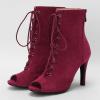 imageSHEMEE Womens Peep Open Toe Stiletto High Heels Ankle Boots Faux Suede Lace Up Summer Sandals Booties with Back Zip10cm Burgundy