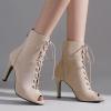 imageSHEMEE Womens Peep Open Toe Stiletto High Heels Ankle Boots Faux Suede Lace Up Summer Sandals Booties with Back Zip7cm Apricot
