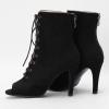 imageSHEMEE Womens Peep Open Toe Stiletto High Heels Ankle Boots Faux Suede Lace Up Summer Sandals Booties with Back Zip7cm Black