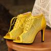 imageSHEMEE Womens Peep Toe Mesh Lace Up High Heels Ankle Booties Summer Fishnet Sandals Opentoe Stilettos Short BootiesYellow