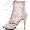 imageSHEMEE Womens Peep Toe Mesh Stiletto High Heels Ankle Boots Lace Up Summer Fishnet Opentoe Sandals Booties with Back ZipperBeige Pu 7cm Heel
