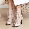 imageSHEMEE Womens Peep Toe Mesh Stiletto High Heels Ankle Boots Lace Up Summer Fishnet Opentoe Sandals Booties with Back ZipperBeige Pu 7cm Heel