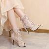imageSHEMEE Womens Peep Toe Mesh Stiletto High Heels Ankle Boots Lace Up Summer Fishnet Opentoe Sandals Booties with Back ZipperBeige Suede 7cm Heel
