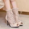 imageSHEMEE Womens Peep Toe Mesh Stiletto High Heels Ankle Boots Lace Up Summer Fishnet Opentoe Sandals Booties with Back ZipperBeige Suede 9cm Heel