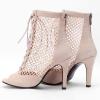 imageSHEMEE Womens Peep Toe Mesh Stiletto High Heels Ankle Boots Lace Up Summer Fishnet Opentoe Sandals Booties with Back ZipperBeige Suede 9cm Heel