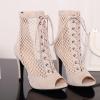 imageSHEMEE Womens Peep Toe Mesh Stiletto High Heels Ankle Boots Lace Up Summer Fishnet Opentoe Sandals Booties with Back ZipperBeige Suede 9cm Heel