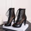 imageSHEMEE Womens Peep Toe Mesh Stiletto High Heels Ankle Boots Lace Up Summer Fishnet Opentoe Sandals Booties with Back ZipperBlack Pu 7cm Heel