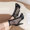 imageSHEMEE Womens Peep Toe Mesh Stiletto High Heels Ankle Boots Lace Up Summer Fishnet Opentoe Sandals Booties with Back ZipperBlack Pu 7cm Heel