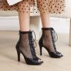 imageSHEMEE Womens Peep Toe Mesh Stiletto High Heels Ankle Boots Lace Up Summer Fishnet Opentoe Sandals Booties with Back ZipperBlack Pu 9cm Heel