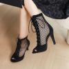 imageSHEMEE Womens Peep Toe Mesh Stiletto High Heels Ankle Boots Lace Up Summer Fishnet Opentoe Sandals Booties with Back ZipperBlack Suede 7cm Heel