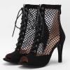 imageSHEMEE Womens Peep Toe Mesh Stiletto High Heels Ankle Boots Lace Up Summer Fishnet Opentoe Sandals Booties with Back ZipperBlack Suede 7cm Heel