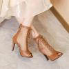 imageSHEMEE Womens Peep Toe Mesh Stiletto High Heels Ankle Boots Lace Up Summer Fishnet Opentoe Sandals Booties with Back ZipperBrown Pu 9cm Heel