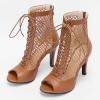 imageSHEMEE Womens Peep Toe Mesh Stiletto High Heels Ankle Boots Lace Up Summer Fishnet Opentoe Sandals Booties with Back ZipperBrown Pu 9cm Heel