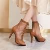 imageSHEMEE Womens Peep Toe Mesh Stiletto High Heels Ankle Boots Lace Up Summer Fishnet Opentoe Sandals Booties with Back ZipperBrown Pu 9cm Heel