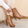 imageSHEMEE Womens Peep Toe Mesh Stiletto High Heels Ankle Boots Lace Up Summer Fishnet Opentoe Sandals Booties with Back ZipperBrown Pu 9cm Heel