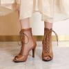imageSHEMEE Womens Peep Toe Mesh Stiletto High Heels Ankle Boots Lace Up Summer Fishnet Opentoe Sandals Booties with Back ZipperBrown Pu 9cm Heel