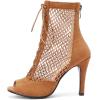 imageSHEMEE Womens Peep Toe Mesh Stiletto High Heels Ankle Boots Lace Up Summer Fishnet Opentoe Sandals Booties with Back ZipperBrown Suede 7cm Heel