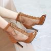 imageSHEMEE Womens Peep Toe Mesh Stiletto High Heels Ankle Boots Lace Up Summer Fishnet Opentoe Sandals Booties with Back ZipperBrown Suede 7cm Heel