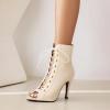 imageSHEMEE Womens Stiletto High Heels Peep Toe Ankle Booties Fashion Heeled Sandals Zipper Summer Short Boots LaceUp Dance ShoesBeige Pu