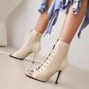 imageSHEMEE Womens Stiletto High Heels Peep Toe Ankle Booties Fashion Heeled Sandals Zipper Summer Short Boots LaceUp Dance ShoesBeige Suede