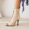 imageSHEMEE Womens Stiletto High Heels Peep Toe Ankle Booties Fashion Heeled Sandals Zipper Summer Short Boots LaceUp Dance ShoesBeige Suede