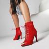 imageSHEMEE Womens Stiletto High Heels Peep Toe Ankle Booties Fashion Heeled Sandals Zipper Summer Short Boots LaceUp Dance ShoesRed Suede