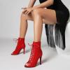 imageSHEMEE Womens Stiletto High Heels Peep Toe Ankle Booties Fashion Heeled Sandals Zipper Summer Short Boots LaceUp Dance ShoesRed Suede