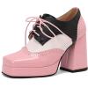 imageSHEMEE MultiColored Oxford Heels for Women Square Toe Chunky High Heels Platform Pumps Lace Up Derby Shoe Leisure Perforated Brogues Work Office Dress ShoesPinkWhiteBlack