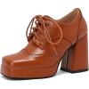 imageSHEMEE MultiColored Oxford Heels for Women Square Toe Chunky High Heels Platform Pumps Lace Up Derby Shoe Leisure Perforated Brogues Work Office Dress ShoesBrown