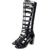 imageSHEMEE Womens Elastic Cutout Gladiator Roman Sandals Chunky Heel Knee High Summer Boots Patent Leather Back Zip Up ShoesBlack