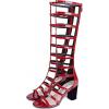 imageSHEMEE Womens Elastic Cutout Gladiator Roman Sandals Chunky Heel Knee High Summer Boots Patent Leather Back Zip Up ShoesBurgundy