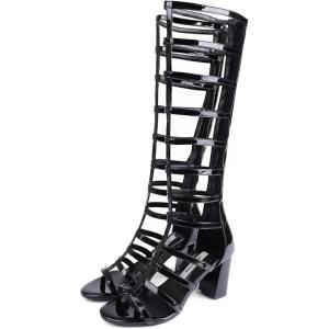 imageSHEMEE Womens Elastic Cutout Gladiator Roman Sandals Chunky Heel Knee High Summer Boots Patent Leather Back Zip Up ShoesBlack
