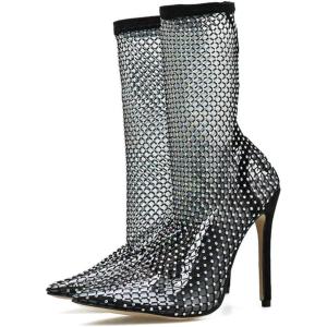 imageSHEMEE Womens Mesh High Heel Stiletto Fishnet Ankle Boots Summer Sandals Pointed Toe Cutout Bling Rhinestones Sock BootiesBlack