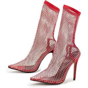 imageSHEMEE Womens Mesh High Heel Stiletto Fishnet Ankle Boots Summer Sandals Pointed Toe Cutout Bling Rhinestones Sock BootiesRed