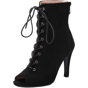 imageSHEMEE Womens Peep Open Toe Stiletto High Heels Ankle Boots Faux Suede Lace Up Summer Sandals Booties with Back Zip7cm Black