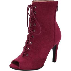imageSHEMEE Womens Peep Open Toe Stiletto High Heels Ankle Boots Faux Suede Lace Up Summer Sandals Booties with Back Zip7cm Burgundy