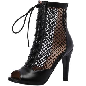 imageSHEMEE Womens Peep Toe Mesh Stiletto High Heels Ankle Boots Lace Up Summer Fishnet Opentoe Sandals Booties with Back ZipperBlack Pu 9cm Heel