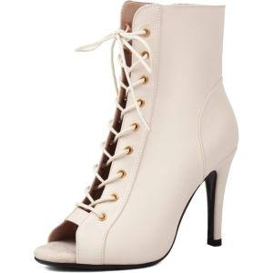 imageSHEMEE Womens Stiletto High Heels Peep Toe Ankle Booties Fashion Heeled Sandals Zipper Summer Short Boots LaceUp Dance ShoesBeige Pu