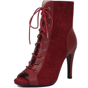 imageSHEMEE Womens Stiletto High Heels Peep Toe Ankle Booties Fashion Heeled Sandals Zipper Summer Short Boots LaceUp Dance ShoesBurgundy Suede