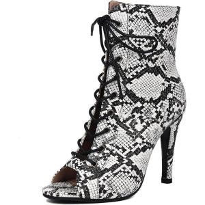 imageSHEMEE Womens Stiletto High Heels Peep Toe Ankle Booties Fashion Heeled Sandals Zipper Summer Short Boots LaceUp Dance ShoesWhite Snake